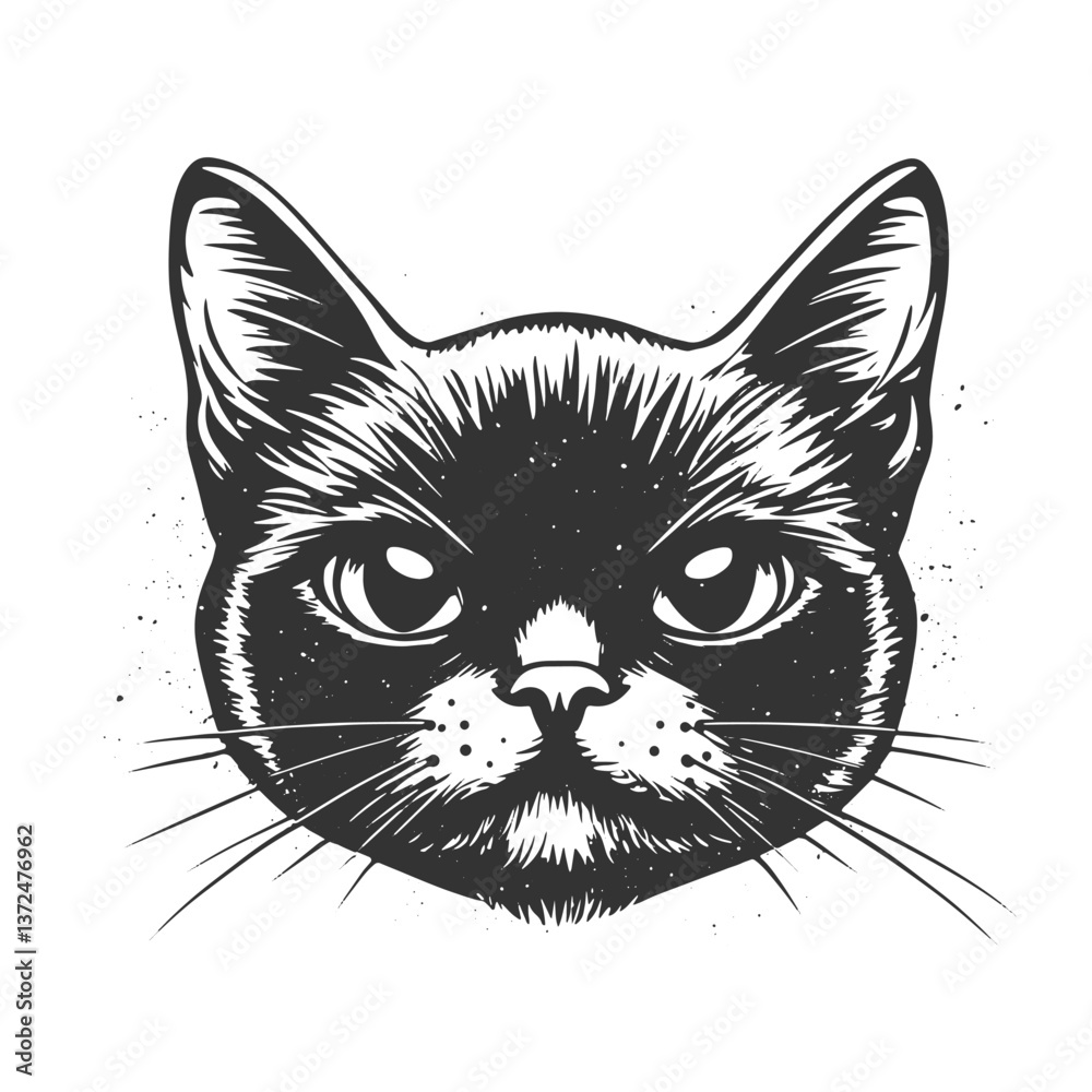 Obraz premium Cat head, black print with texture on white background simple vector illustration icon logo.