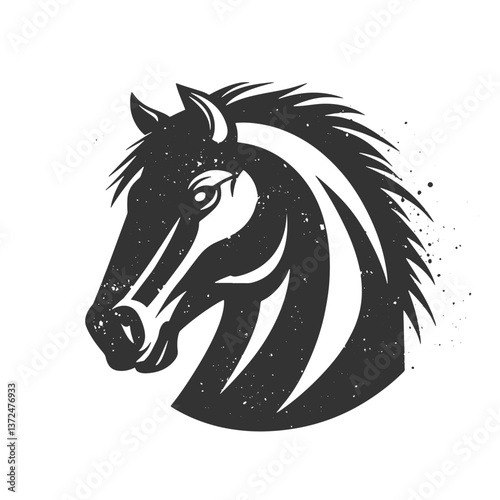 Horse head, black print with texture on white background, simple vector illustration icon logo.