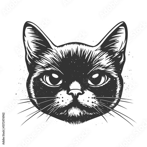 Cat head, black print with texture on white background simple vector illustration icon logo.