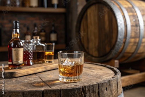 Whiskey Glass and Blurred Bottles in Rustic Barrel Setting Generative AI
