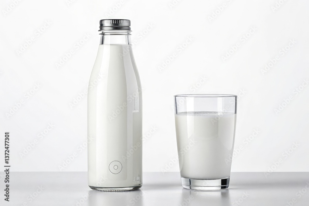 White Juice Mockup Displayed Beside a Glass on a Light Surface Generative AI White Juice Mockup Displayed Beside a Glass on a Light Surface Generative AI
