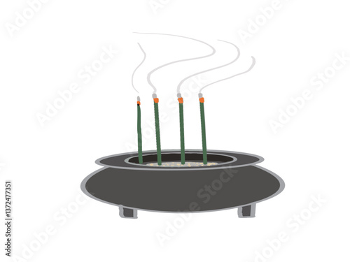 Illustration of smoke rising from four incense sticks standing in an incense burner
