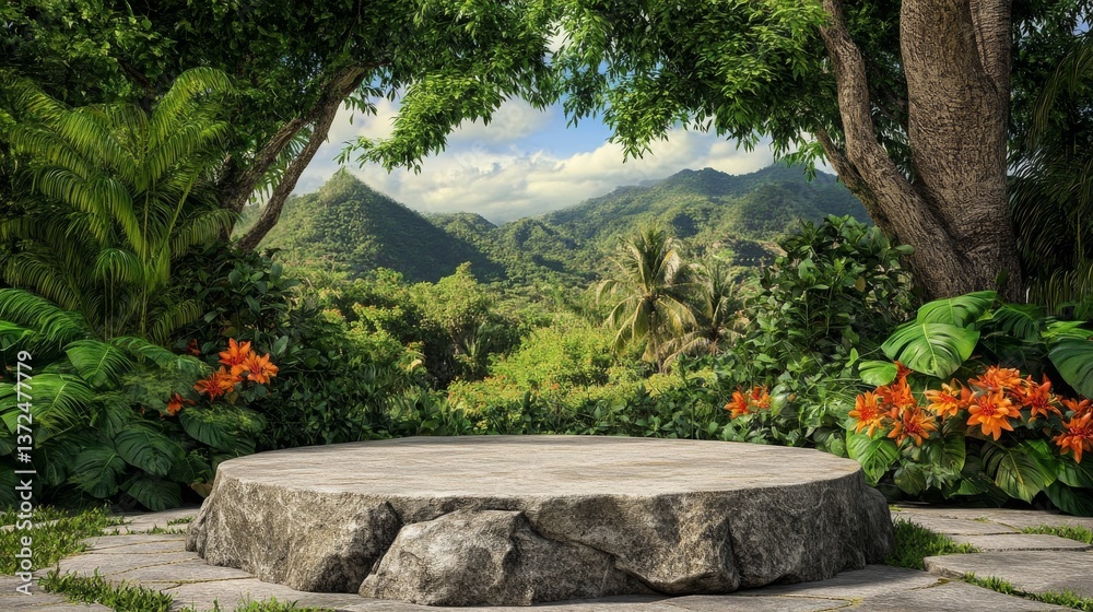 Fototapeta premium Luxury product display with natural rock podium set in lush tropical forest, surrounded by exotic flowers vibrant greenery. Elegant 3D rendering for beauty, skincare, and nature-inspired branding