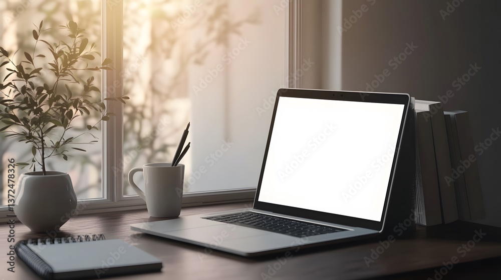 Fototapeta premium Cozy Home Workspace with Laptop and Coffee Mug by the Window