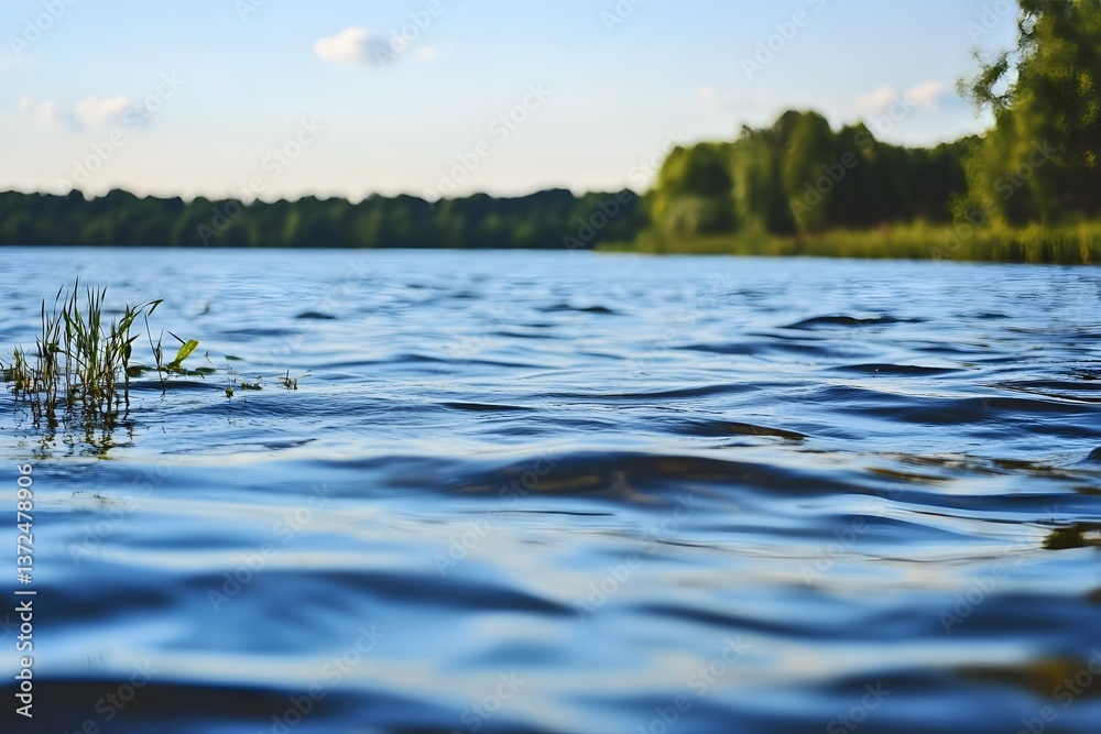 Ripples on a peaceful lake with green trees in background. Serene scene Ripples on a peaceful lake with green trees in background. Serene scene