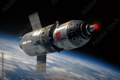 Spacecraft maneuvering skillfully near a space station, with Earth prominently visible in the background, showcasing the vastness of outer space photo