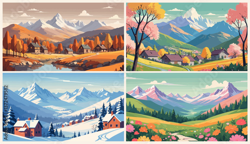 A series of four paintings of mountain landscapes with houses and trees. The paintings are in different seasons, with one in winter, one in spring, one in summer, and one in autumn