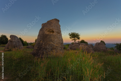 Mor Hin Khao is located in Phu Laen Kha National Park, Mueang District, Chaiyaphum Province. It is a stone pillar and stone column, a naturally occurring sculpture, scattered in various places