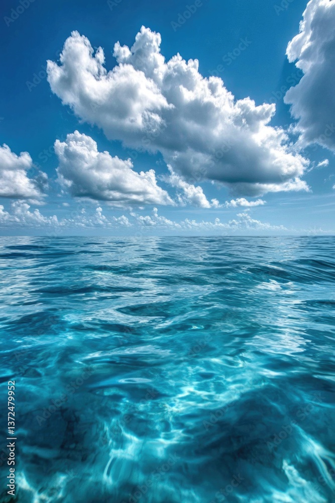 Fototapeta premium Soft gray clouds float gently above the tranquil stretch of the deep blue sea.