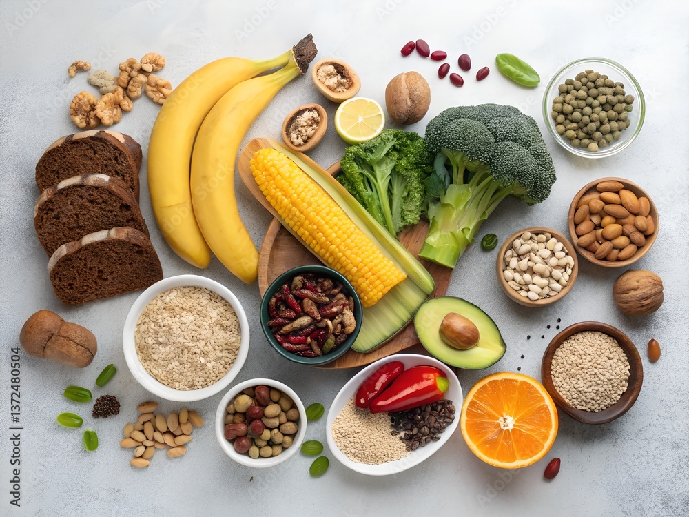 Fresh fruits and vegetables on a white table including tomatoes, peppers, onions, apples, and bread for a healthy meal AI Generative Fresh fruits and vegetables on a white table including tomatoes, peppers, onions, apples, and bread for a healthy meal AI Generative