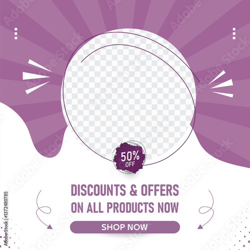Vector social media post template for promotions, sales, and product advertising. A stylish blend of white and purple, featuring a single image placeholder. Fully editable EPS files