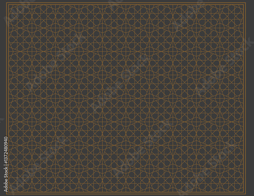 Elegant Islamic Geometric Pattern in Gold and Black Featuring Intricate Symmetrical Designs with Interwoven Lines and Traditional Motifs Inspired by Middle East Art, Architecture, and Sacred Decorativ