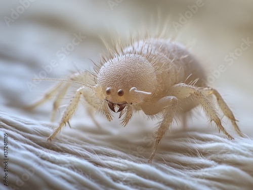  Microscopic view of dust mite crawling on textile surface, detailed anatomy visible with spines, legs, tiny eyes, allergenic pest closeup