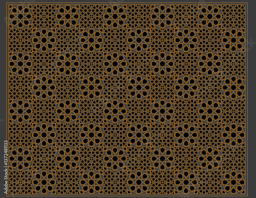 Islamic ornament
Intricate geometric lattice design with symmetrical interlocking patterns inspired by Islamic art, featuring ornate circular and square motifs in a golden hue against a dark backgroun