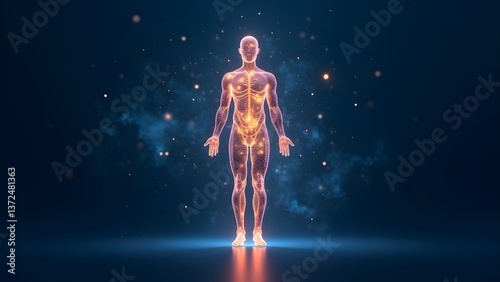 Detailed anatomical illustration of a glowing human body and skeletal structure on a dark blue abstract background
