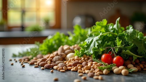 Fresh Ingredients: Nuts, Kale, and Tomatoes on a Kitchen Counter for Culinary Creations