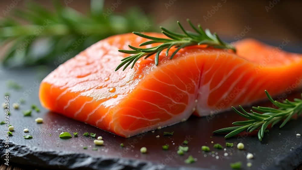 Fresh Salmon Fillet with Rosemary Sprigs on a Dark Slate Plate. Macro Shot Fresh Salmon Fillet with Rosemary Sprigs on a Dark Slate Plate. Macro Shot