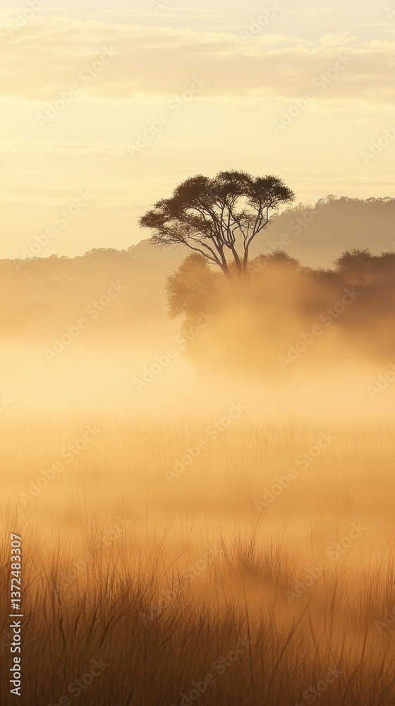 Fototapeta premium Golden Sunrise Over Misty Landscape