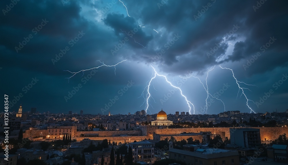 Fototapeta premium Dramatic lightning strike over Jerusalem's skyline at night, showcasing historical architecture.