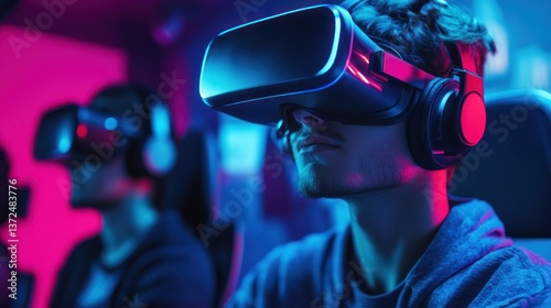 Immersive virtual reality experience depicted by group of young gamers with headsets photo