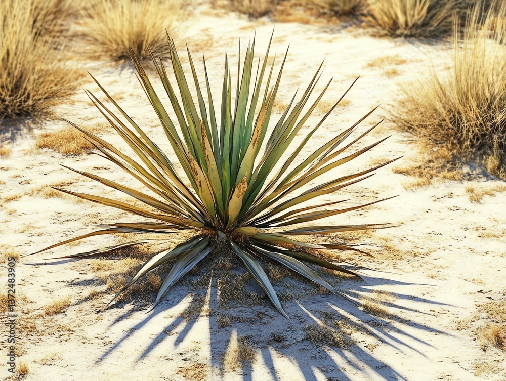 Naklejka premium Yucca Plant Thriving in Arid Desert Landscape with Long Shadows