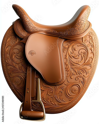 A beautifully crafted leather saddle showcases intricate floral patterns and meticulous detailing, perfect for equestrian enthusiasts or decorative purposes in western-themed setti