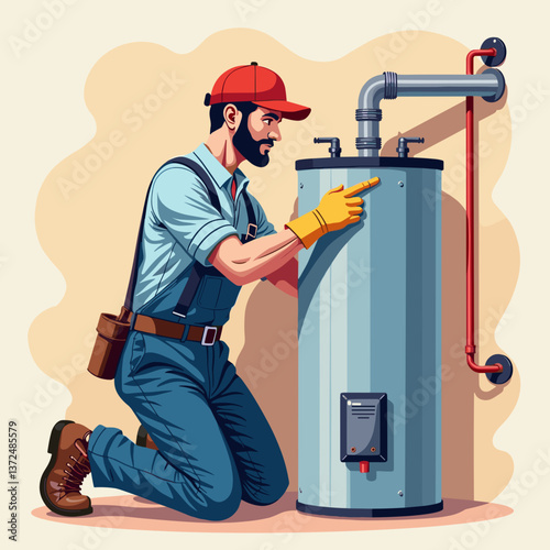 Plumber inspecting water heater in home environment