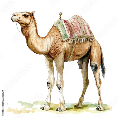 A watercolor vector of a camel, isolated on a white background. Camel vector.

