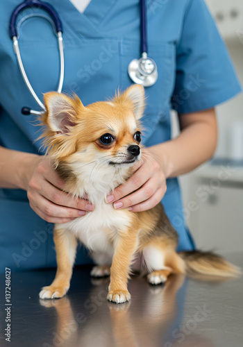 Chihuahua puppy on hands veterinarian doctor on examination table in modern clinic or animal hospital. Animal healthcare pet health checkup veterinary medicine concept Professional vet care for dog