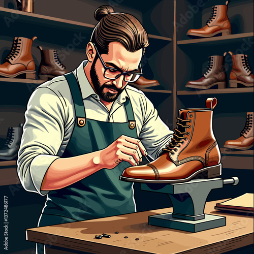 Shoemaker repairing brown leather boot in workshop