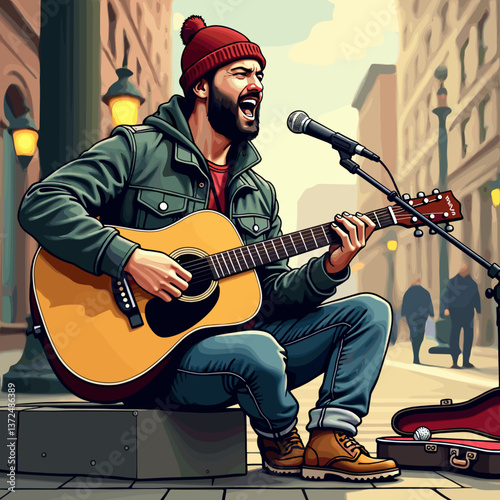 Singing musician playing guitar on city street