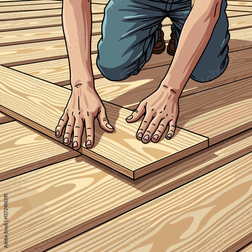 Person kneeling and placing wooden floorboards on a light wood surface