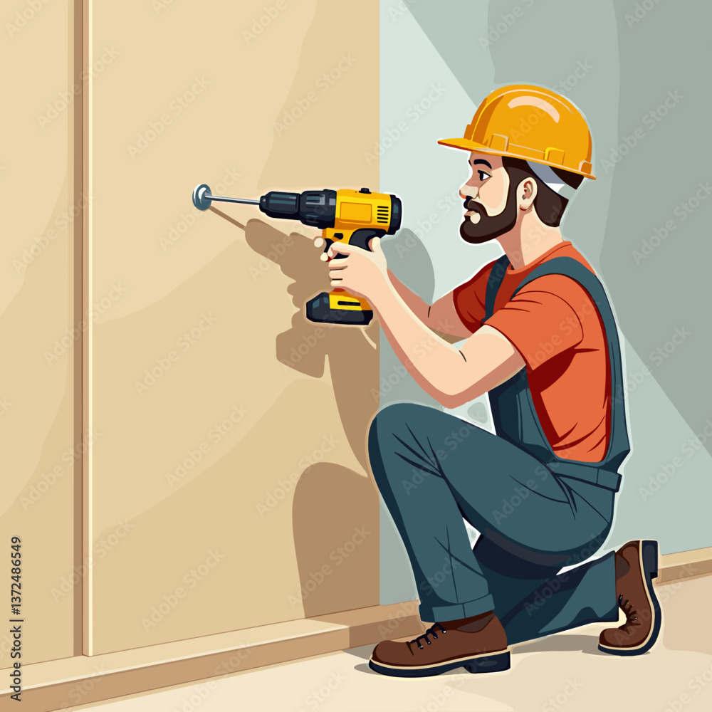 Man using power drill to install panel in indoor setting Man using power drill to install panel in indoor setting