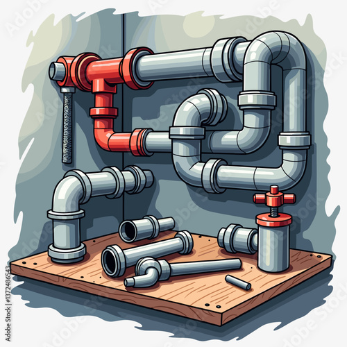Plumbing pipes and fittings on wooden shelf