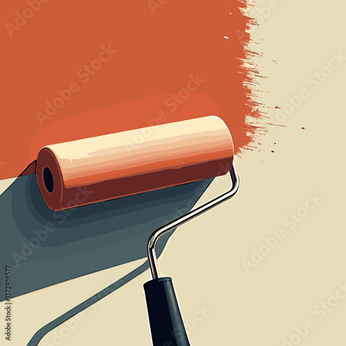 Paint roller applying orange paint on wall
