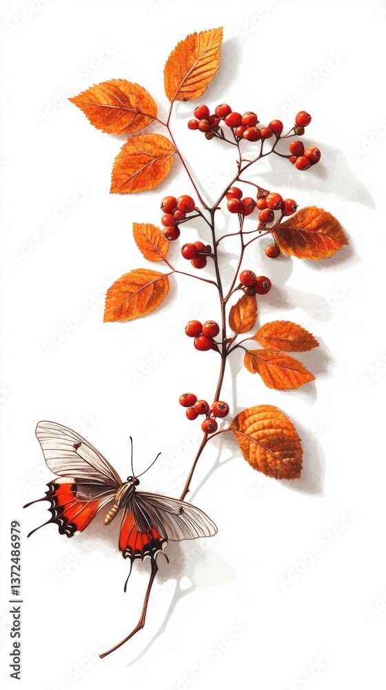 Naklejka premium Red baneberry and clearwing butterfly in vibrant photo