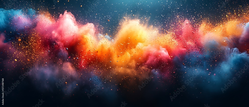 A vibrant display of colorful dust exploding in the dark space A vibrant display of colorful dust exploding in the dark space
