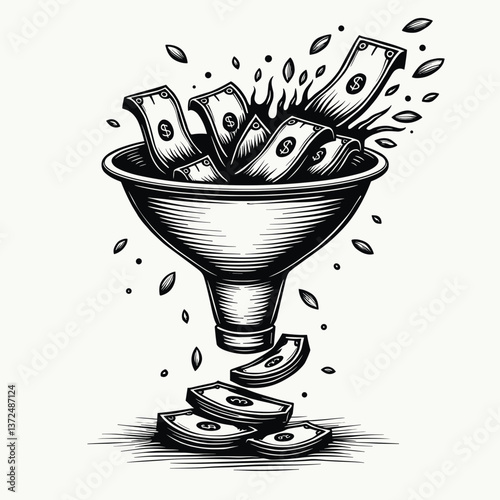 Money funnel with cash billow and falling coins