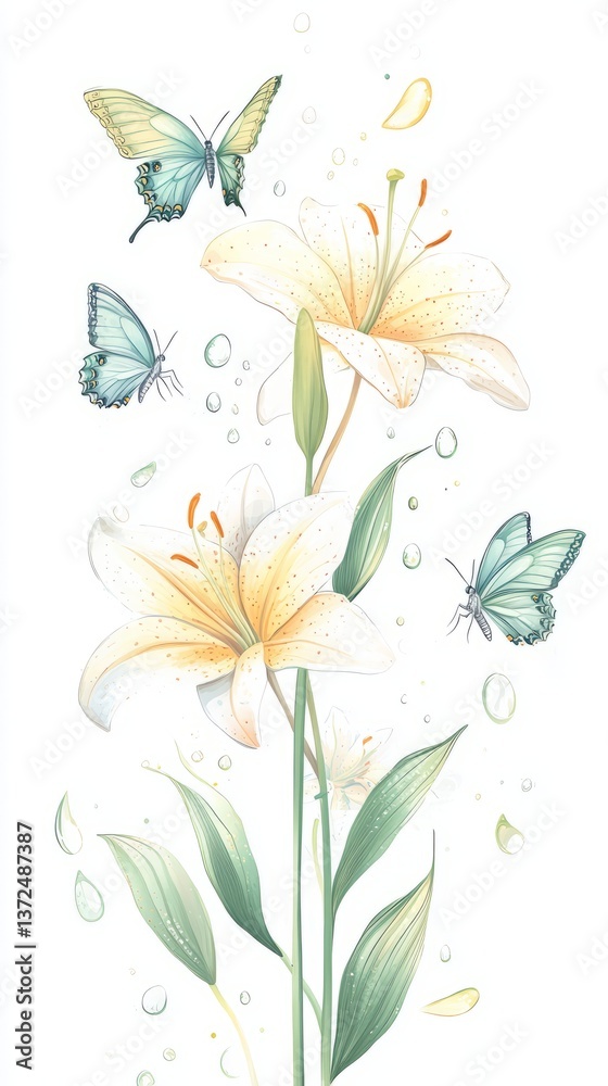 Fototapeta premium Elegant 6 vibrant butterflies on tall lilies