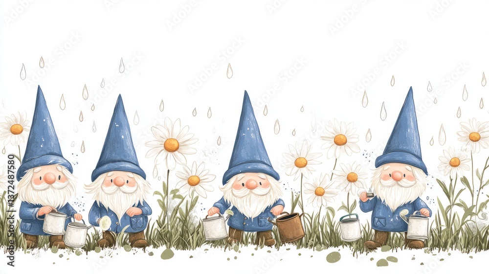 Obraz premium Cozy garden scene 6 gnomes caring for daisies 