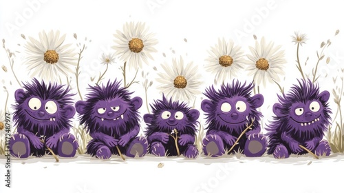 Playful flat  six warty trolls with daisies