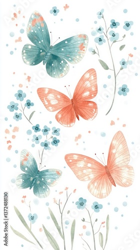 Elegant flat  6 butterflies with teal and coral wings