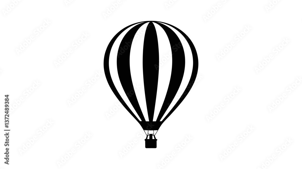Obraz premium Soaring Silhouette: A monochrome illustration of a hot air balloon, boldly striped, ascends. Representing travel and adventure.