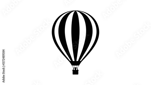 Soaring Silhouette: A monochrome illustration of a hot air balloon, boldly striped, ascends. Representing travel and adventure.