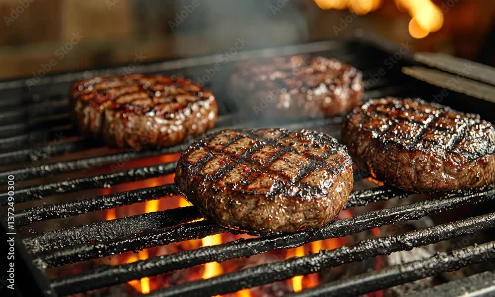 Sizzling perfection, juicy burger patties on hot grill, barbecue summertime cooking, delicious Sizzling perfection, juicy burger patties on hot grill, barbecue summertime cooking, delicious