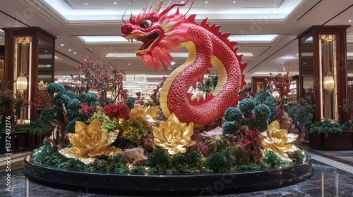 Red Dragon Sculpture Displayed in Grand Hotel Lobby, Festive Chinese Decor