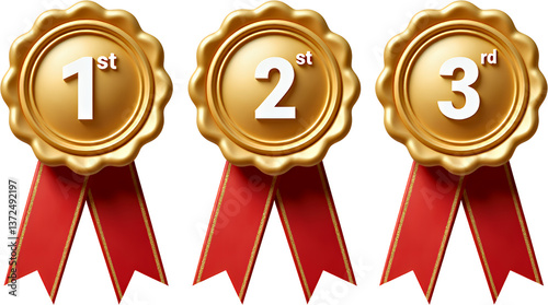 Gold 1st 2nd 3rd Place Medals, Red Ribbon, Transparent Background