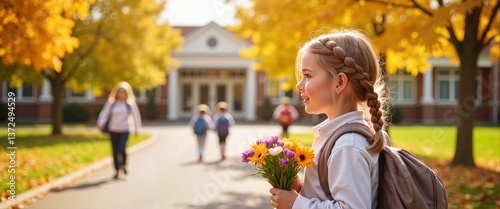 Smiling girl holding flowers against autumn school backdrop