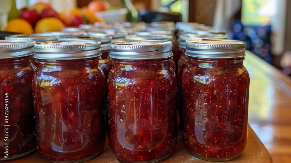 Fresh Strawberry Jam Spread on Rustic Table with Natural Lighting Fresh Strawberry Jam Spread on Rustic Table with Natural Lighting