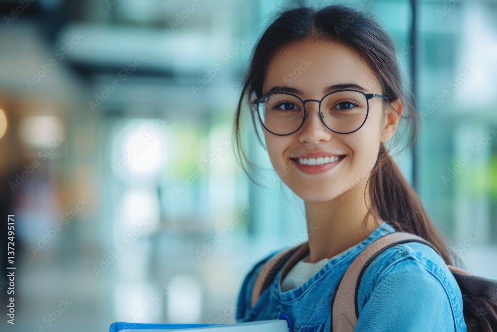 Young student smiles brightly while holding notebooks in a modern academic environment